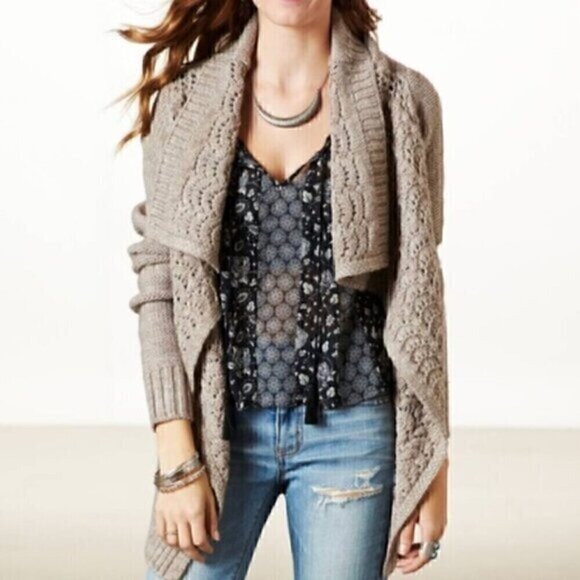 AMERICAN EAGLE Brown Gold Metallic Chunky Knit Open WOOL Draped Cardigan Sweater - Picture 1 of 12